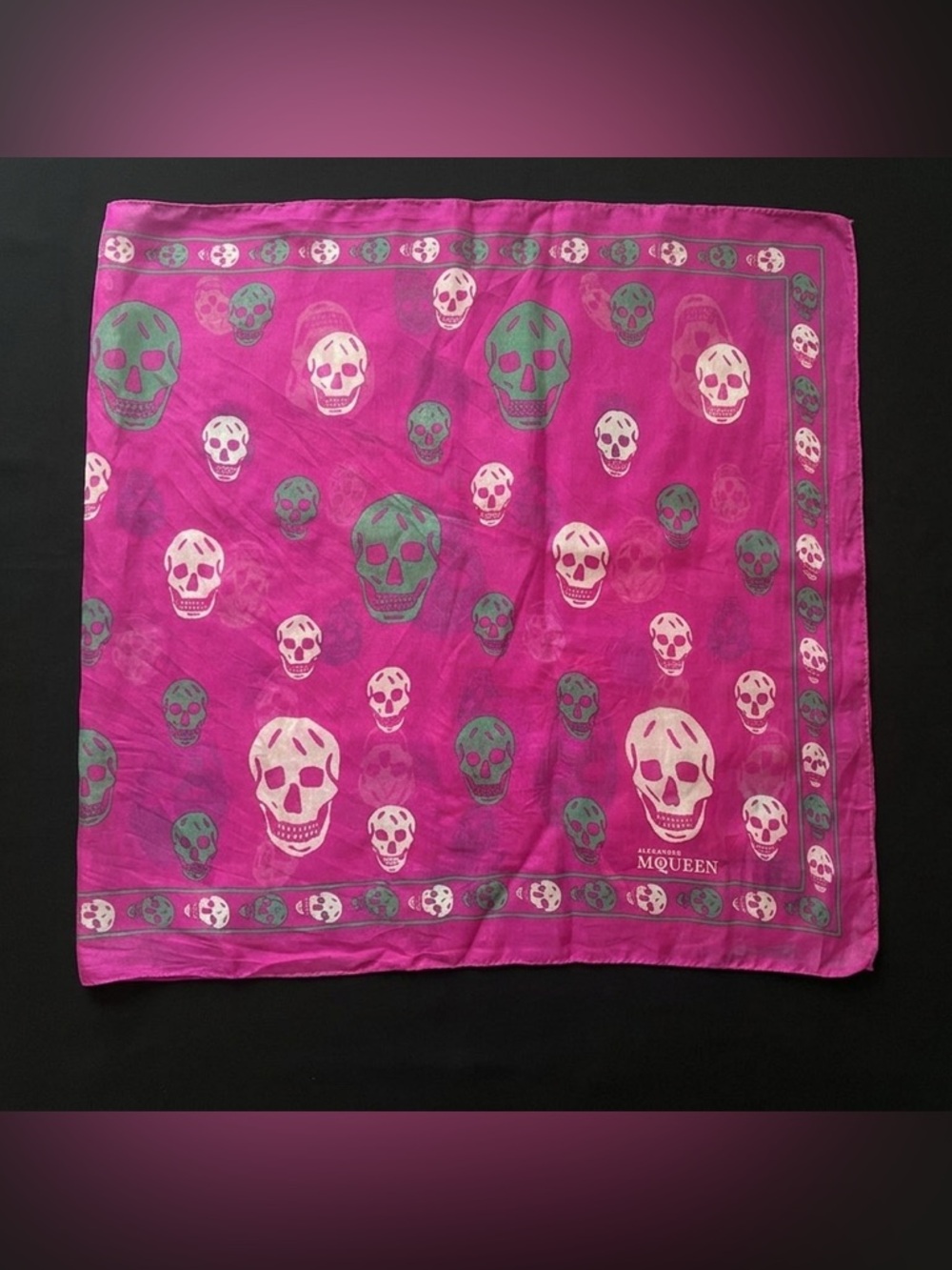 Alexander McQueen Hot Pink Skull Motif Scarf with Green Accents